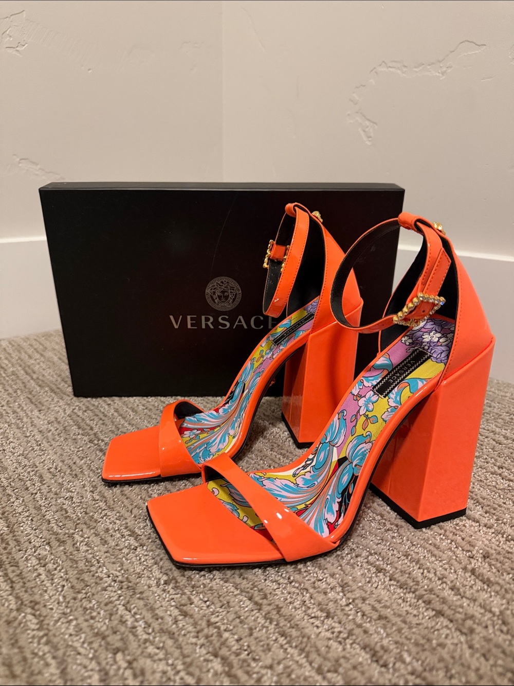 Versace Bright Orange Patent Block Heel Sandals with Printed Insole